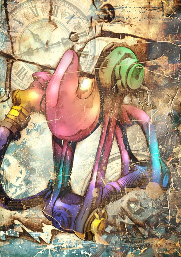 Vibrant Mechanical Time Creature by Rafal Kulik — canvas wall art