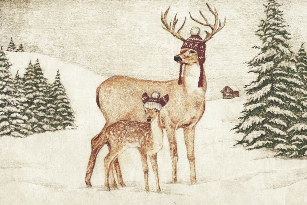 Deer Wearing Cozy Hats by Mike Koubou — canvas wall art