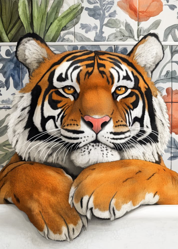 Curious Tiger Bathtime by Justyna Jaszke — canvas wall art