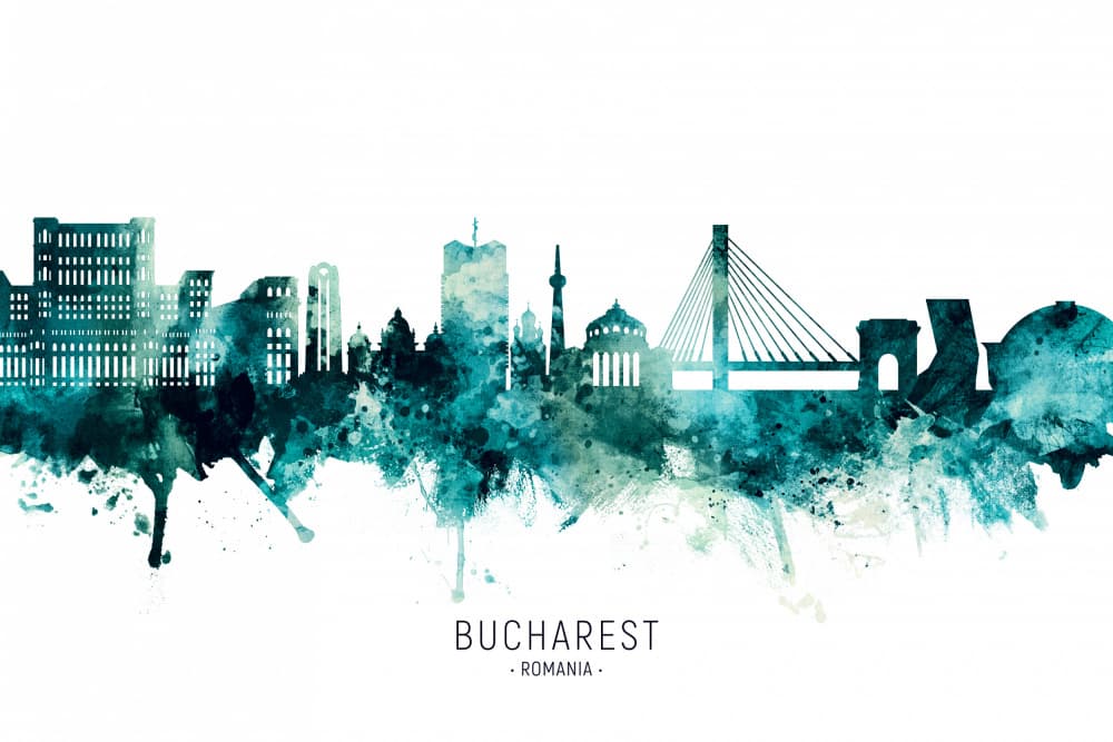 Bucharest Watercolor Skyline by Michael Tompsett — canvas wall art