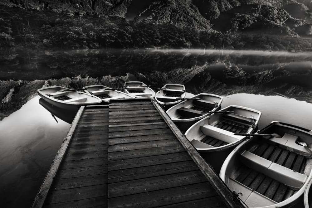 Misty Mountain Lake Boats by Makihiko Hayama — canvas wall art