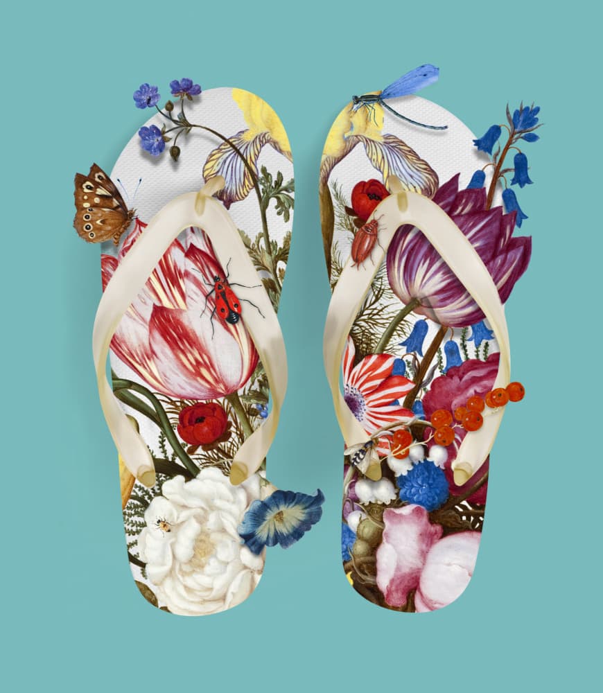 Vibrant Floral Flip Flops by Marja van den Hurk — canvas wall art