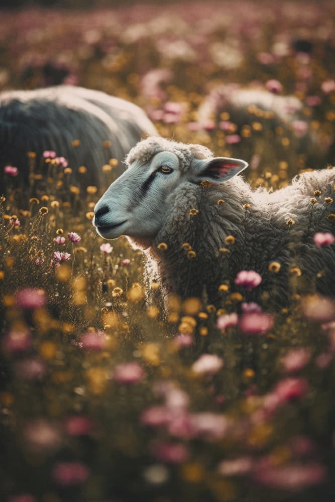 Sheep Among Wildflowers by Treechild — canvas wall art