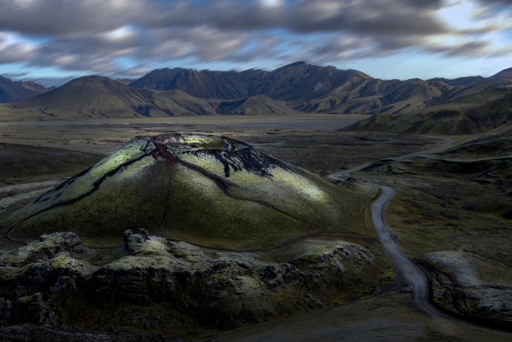Verdant Volcano Road by Dennis Zhang — canvas wall art