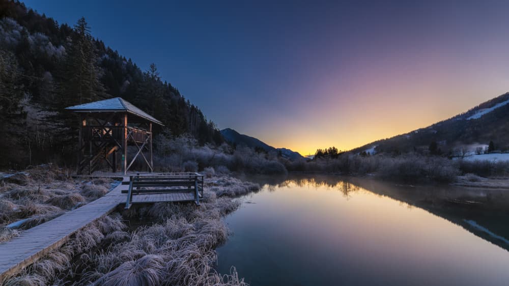 Mountain Lake Winter Dawn by Bor — canvas wall art