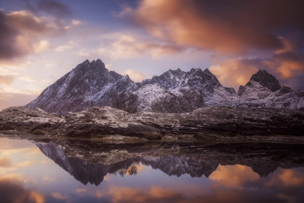 Snowy Peaks Reflection by joanaduenas — canvas wall art