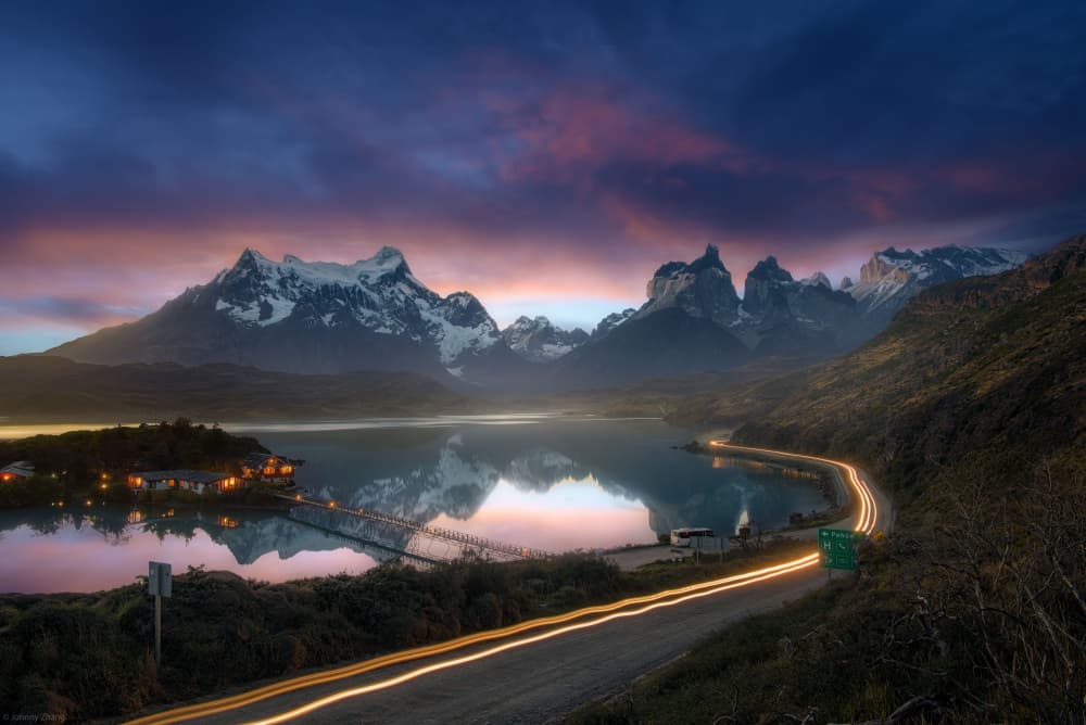 Twilight Mountain Light Trails by Johnny Zhang — canvas wall art