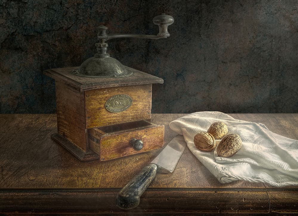 Vintage Coffee Grinder Still Life by Christian MARCEL — canvas wall art