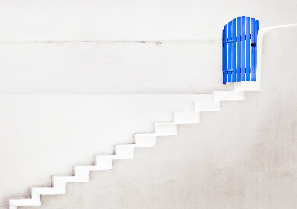 White Stairs Blue Gate by Linda Wride — canvas wall art
