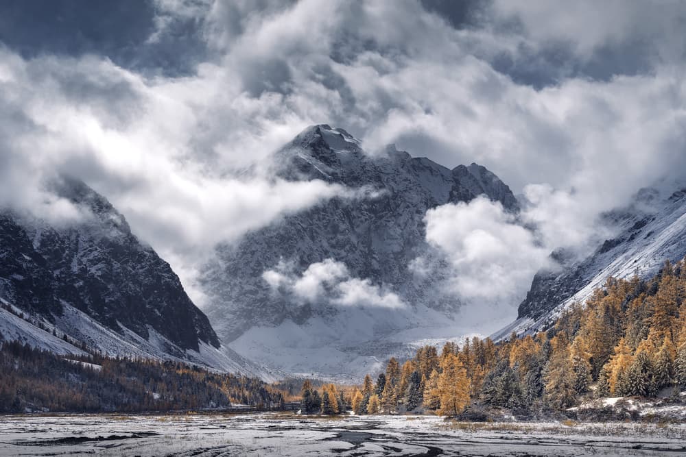 Snowy Peaks Golden Autumn by Dmitry Kupratsevich — canvas wall art