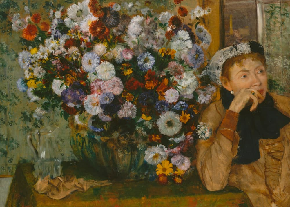 A Woman Seated Beside a Vase of Flowers by Edgar Degas — canvas wall art