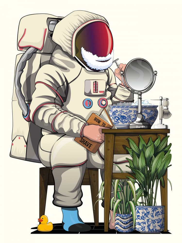 Quirky Astronaut Shaving by In The Washroom — canvas wall art