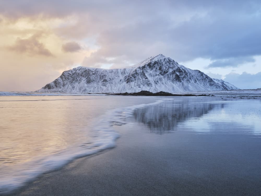 Snowy Mountain Beach Reflection by Hamed Bank — canvas wall art