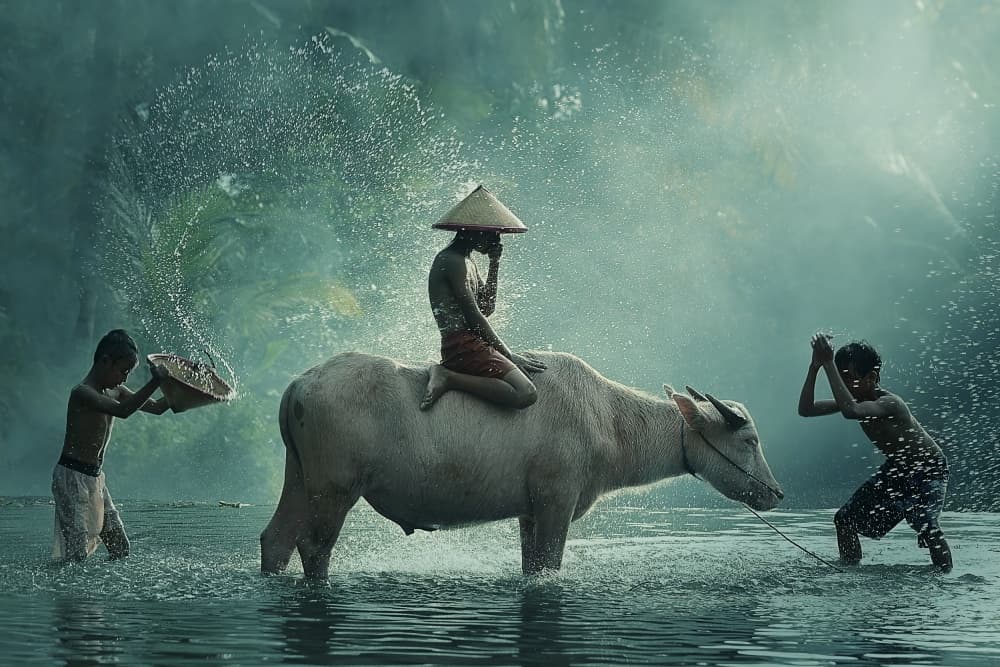 Boys Splashing Buffalo by Vichaya — canvas wall art