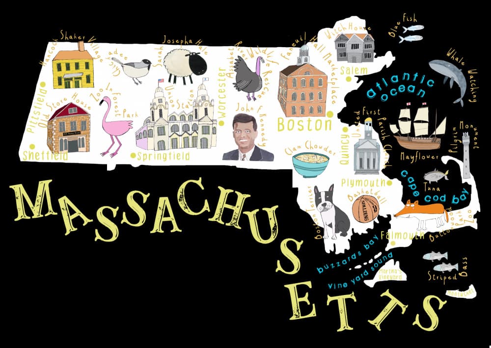 Whimsical Massachusetts Map by Carla Daly — canvas wall art