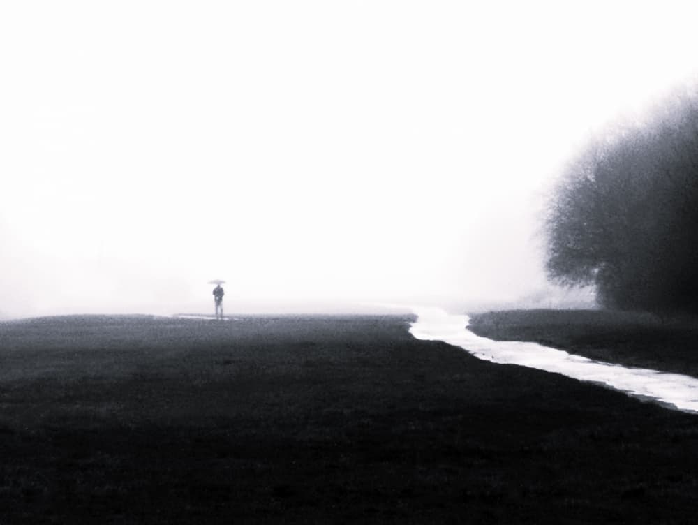 Lone Figure Misty Path by Jasmine Zhang — canvas wall art