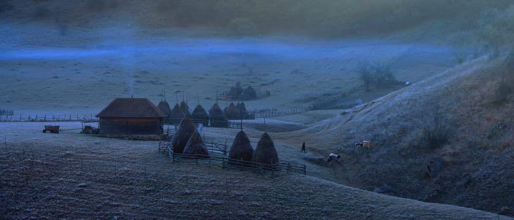 Frosty Morning Farmstead by Julien Oncete — canvas wall art