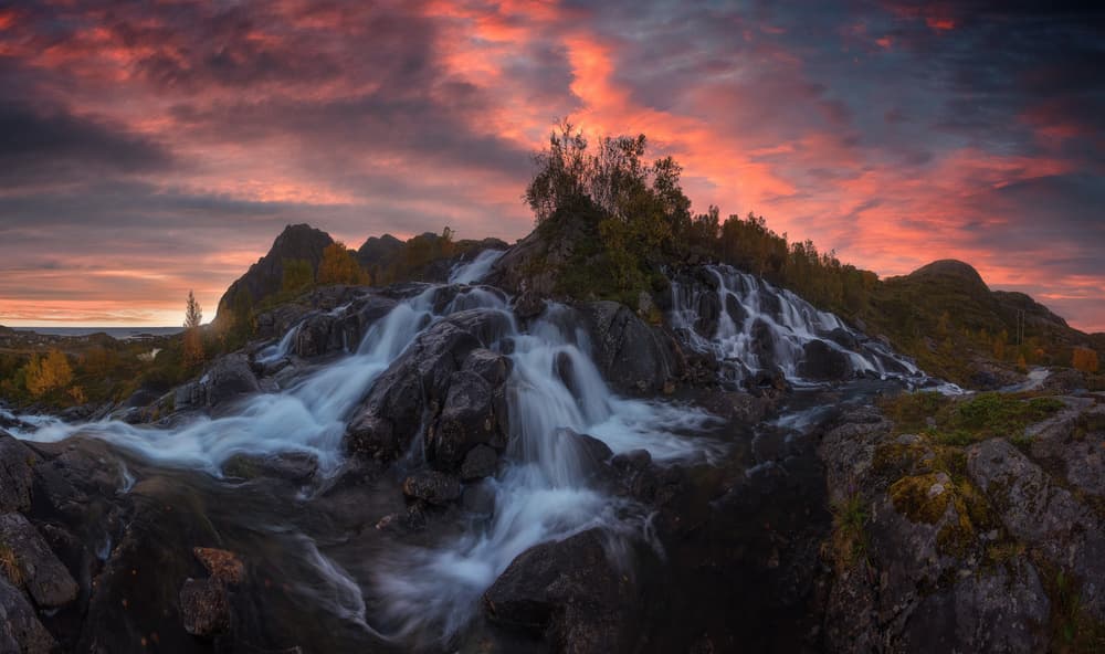 Vibrant Sunset Waterfall by Carlos F. Turienzo — canvas wall art