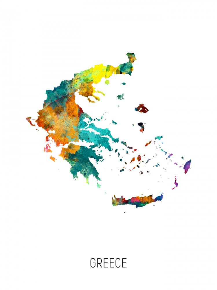 Greece Watercolor Map by Michael Tompsett — canvas wall art