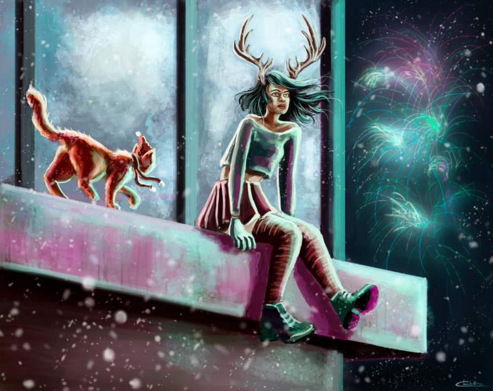Antler Girl Winter Fireworks by Nadia Cuevas — canvas wall art