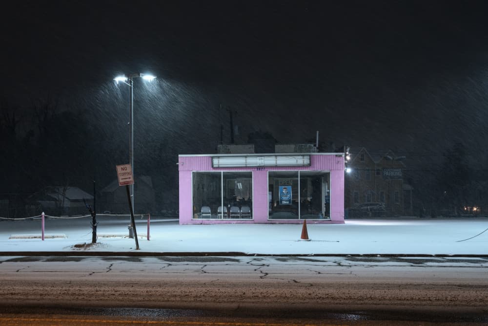Pink Building Snowy Night by Scott J. Pilla — canvas wall art