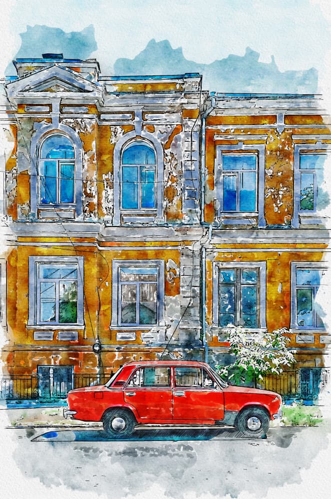 Vintage Car City Building by Lembayung senja studio [Vintage Poster] — canvas wall art
