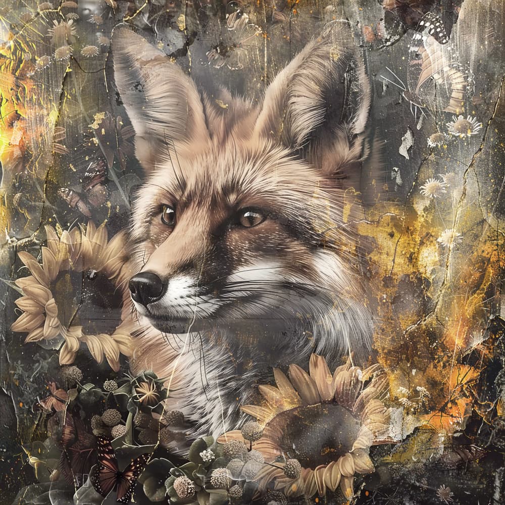 Rustic Fox Sunflowers by Rafal Kulik — canvas wall art