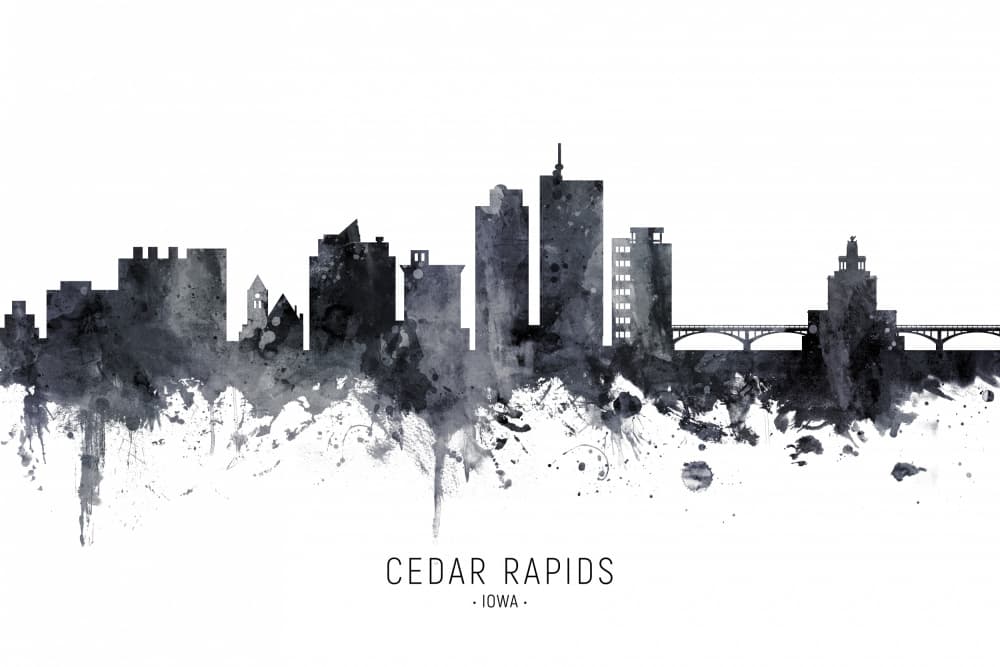 Cedar Rapids Watercolor Skyline by Michael Tompsett — canvas wall art