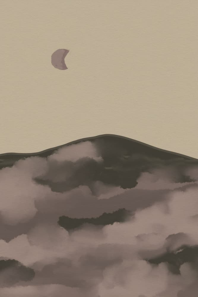 Crescent Moon Over Misty Mountains by Josie George — canvas wall art