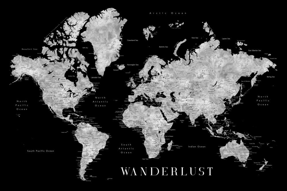 Baibah world map with cities, Wanderlust by Rosana Laiz Blursbyai — canvas wall art