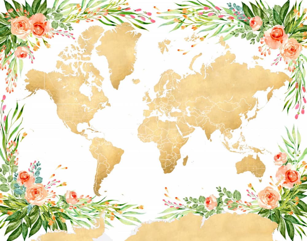 Golden Floral World Map by Rosana Laiz Blursbyai — canvas wall art