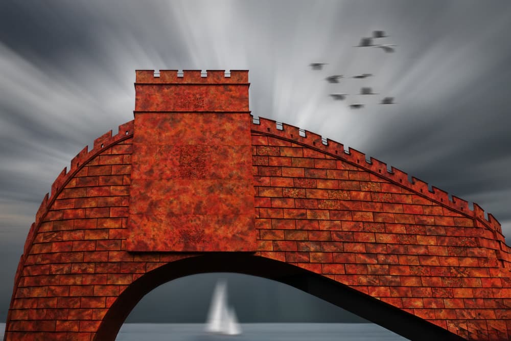 Red Arch Flying Birds by Hans-Wolfgang Hawerkamp — canvas wall art