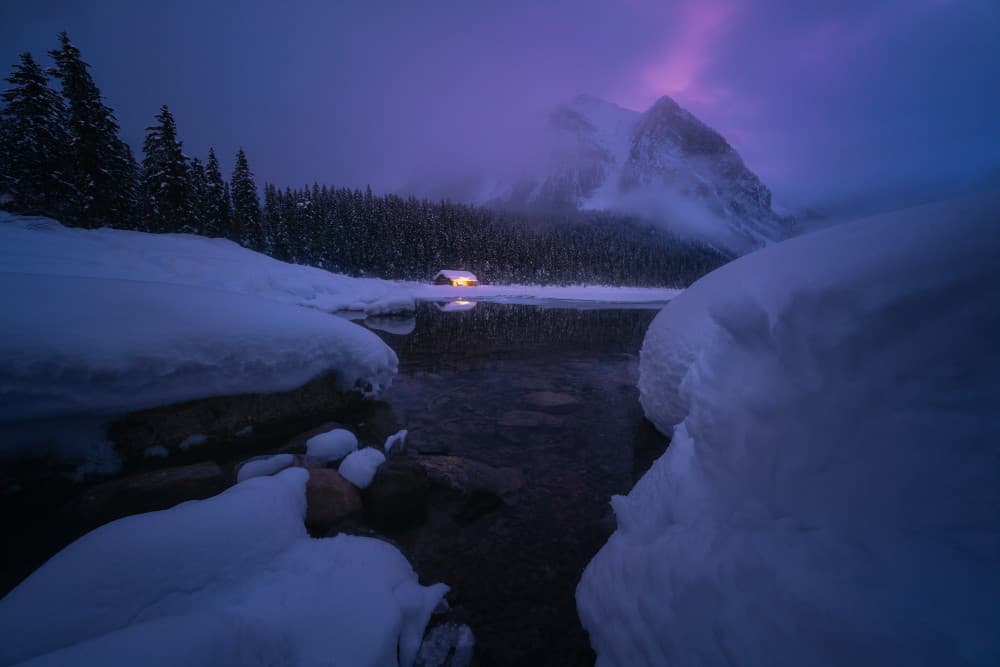 Purple Mountain Lake Cabin by Yongnan Li （李永男） — canvas wall art
