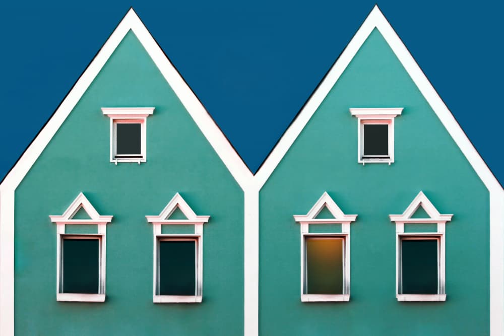 Teal Gable Houses by Hans-Wolfgang Hawerkamp — canvas wall art