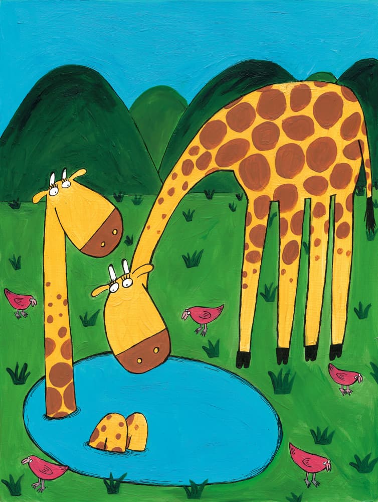 Playful Giraffes Drinking by Carla Daly — canvas wall art