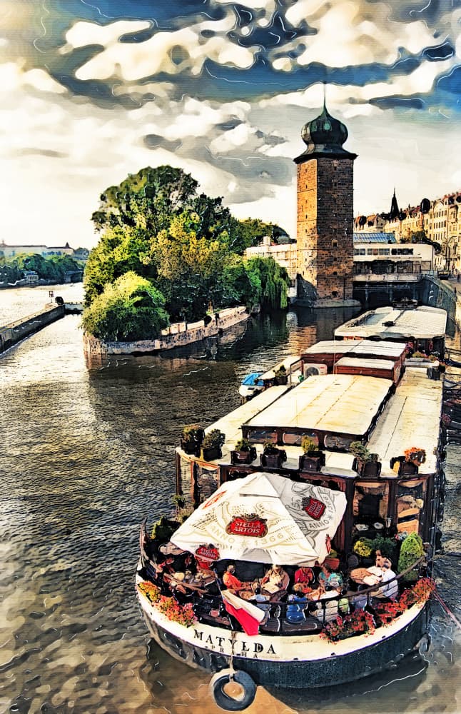 Lively Riverfront Dining by Justyna Jaszke — canvas wall art