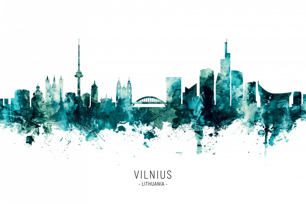 Vilnius Skyline Watercolor by Michael Tompsett — canvas wall art