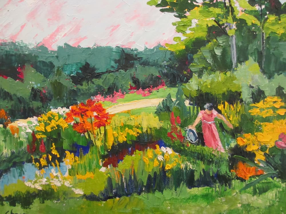 Woman in Vibrant Garden by Maxine Shore — canvas wall art
