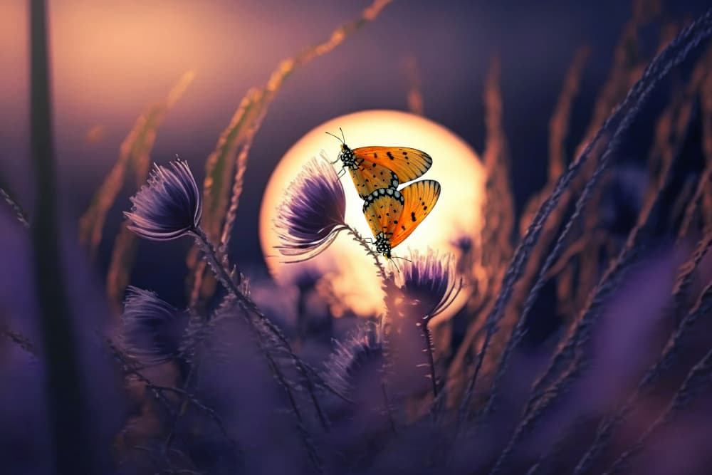 Sunset Butterflies and Flowers by Andri Priyadi — canvas wall art