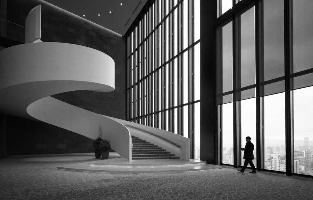Modern Staircase City View by Yasuhiro Takachi — canvas wall art