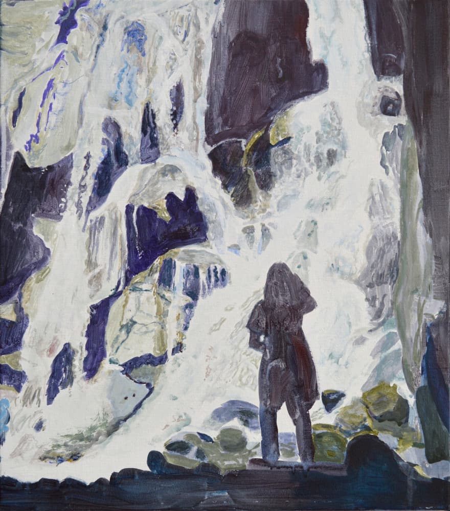Person at Majestic Waterfall by Karin Bos — canvas wall art