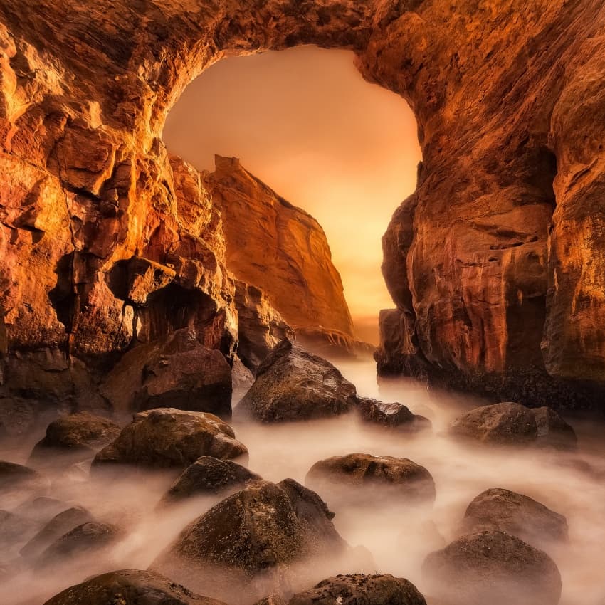 Golden Arch Over Misty Water by Miles Morgan — canvas wall art