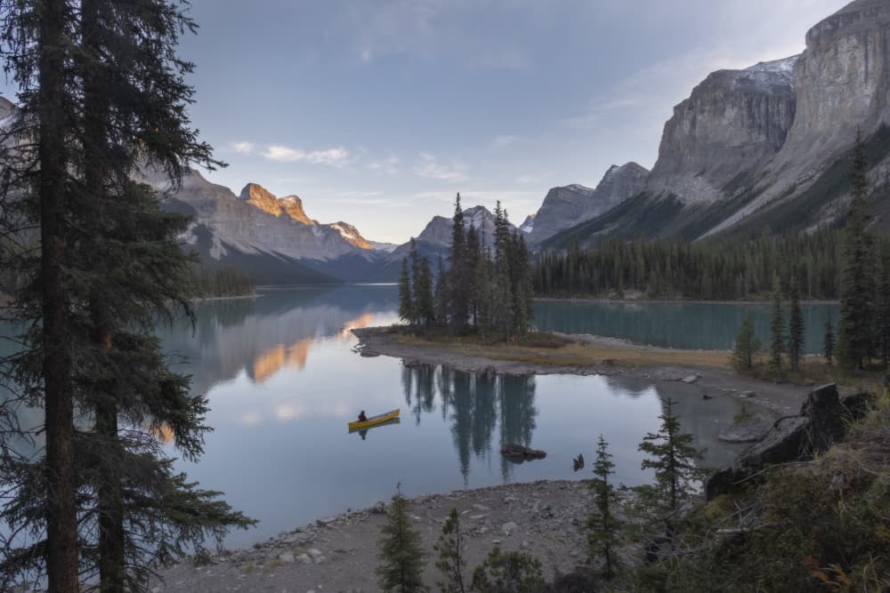 Golden Hour Mountain Canoe by Evgeny Chertov — canvas wall art