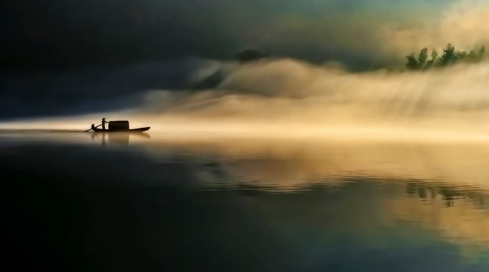 Golden Mist Morning Boat by Hua Zhu — canvas wall art