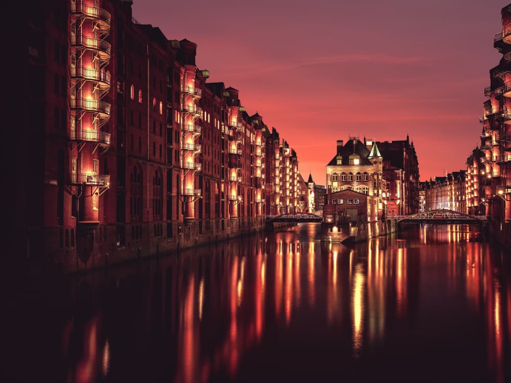 Red Sky Canal City by Hristo Yordanov — canvas wall art