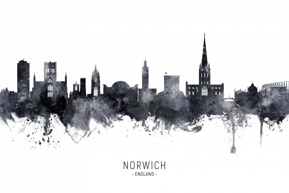 Norwich Watercolor Skyline by Michael Tompsett — canvas wall art