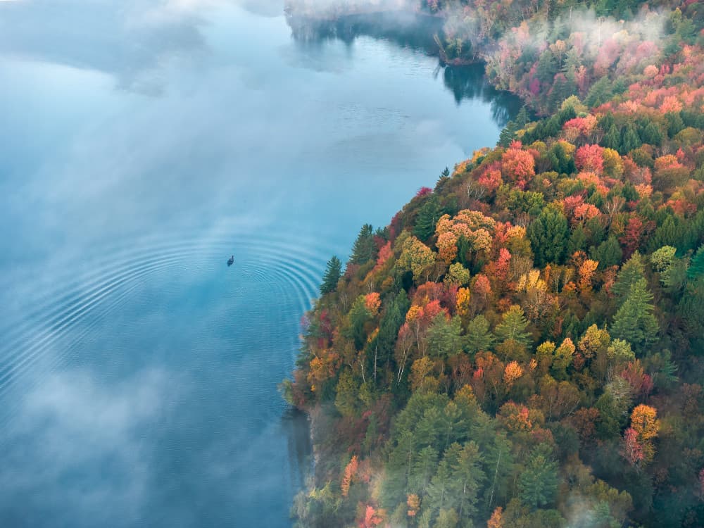 Misty Autumn Lake Boat by John Fan — canvas wall art