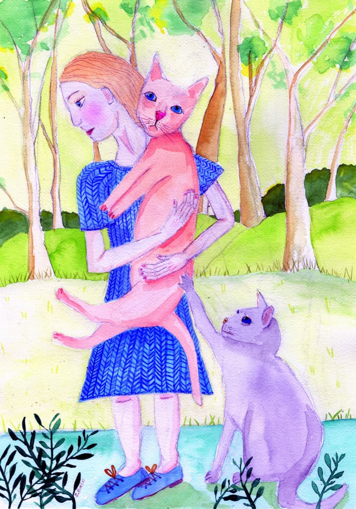 Woman and Her Forest Cats by Sharyn Bursic — canvas wall art