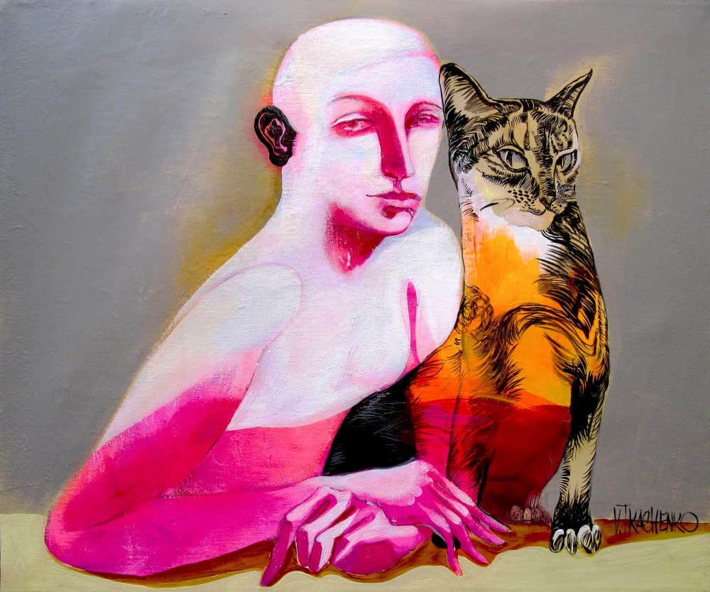 Pink Figure and Cat by Victor Tkachenko — canvas wall art