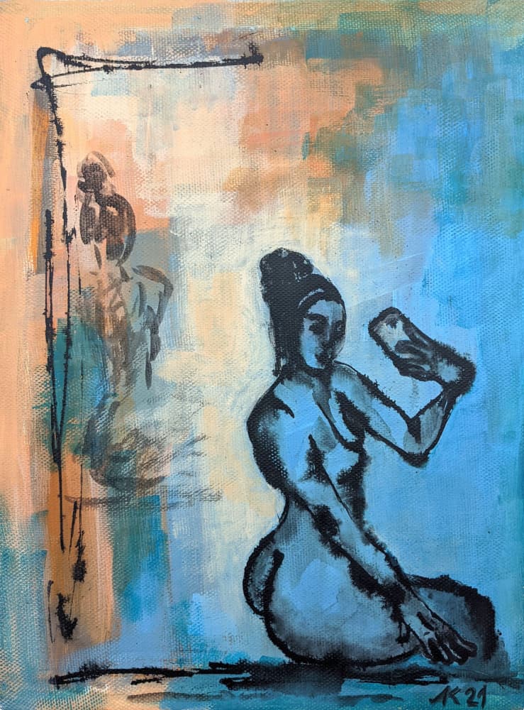 Contemplative Blue Nude by Lena Kolambet — canvas wall art